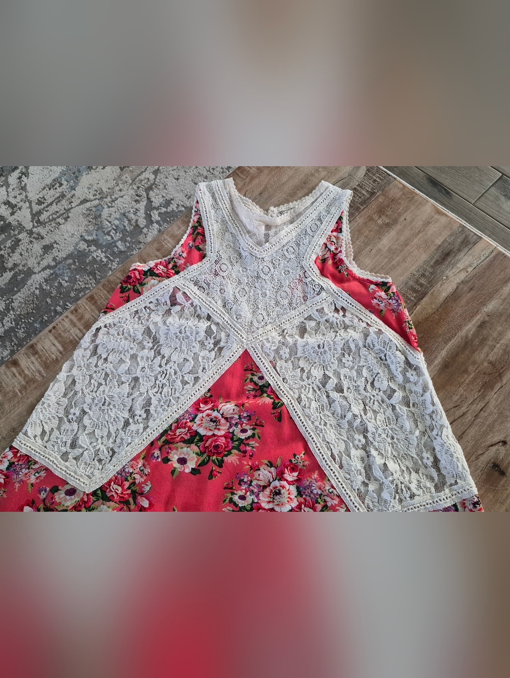 Boho Floral Lace Back Tank Top Coral Orange Cream Flowy Sleeveless Cami M L - Picture 4 of 8